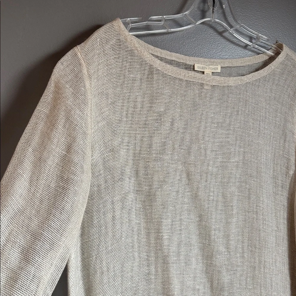 2 Eileen Fisher mesh organic linen tunic tops * tan and light blue * sz LG - Picture 3 of 13